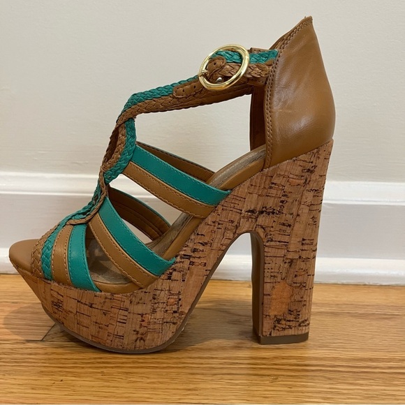 BCBGeneration Sanford Teal & Cognac Cork Platform Open Toe Sandals Size 6.5B - Picture 14 of 16